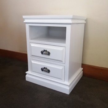 White bedside pedestal two drawers with ornate handles and a shelf
