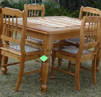 Cypress dining room table and chairs with riempie