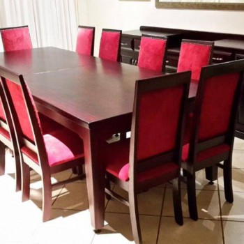 upholstered ten seater dining room set in dark wood